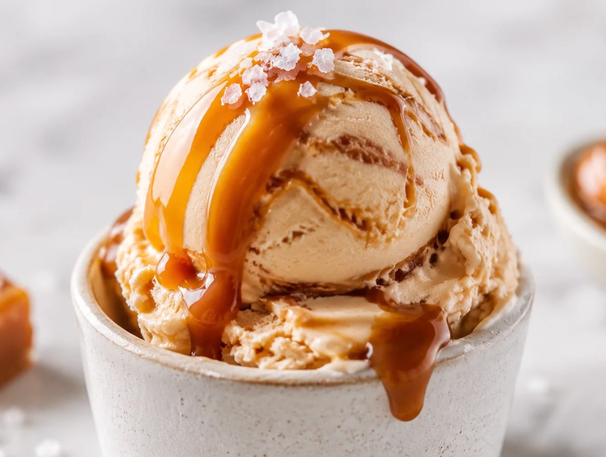 Salted caramel ice cream scoop in a white cup with caramel drizzle and sea salt crystals on top